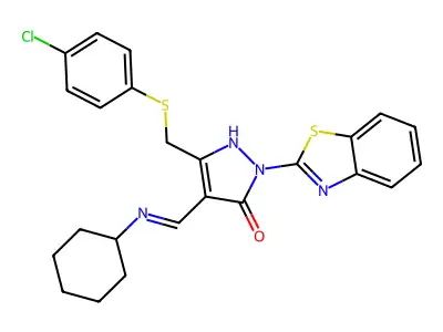 (E)-2-(benzo[d]thiazol-2-yl)-5-(((4-chlorophenyl)thio)methyl)-4-((cyclohexylimino)methyl)-1H-pyrazol-3(2H)-one structure