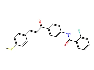 2-fluoro-N-[4-[(E)-3-(4-methylsulfanylphenyl)prop-2-enoyl]phenyl]benzamide structure