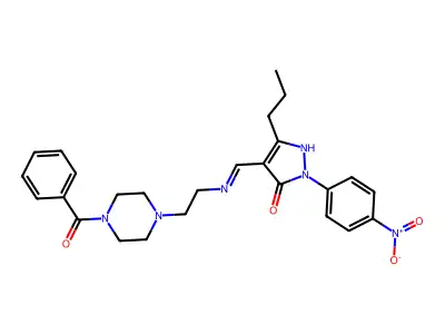 (4E)-4-[[2-(4-benzoylpiperazin-1-yl)ethylamino]methylidene]-2-(4-nitrophenyl)-5-propylpyrazol-3-one structure