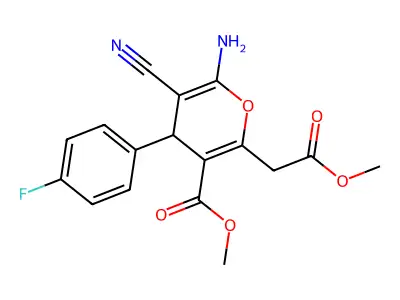methyl 6-amino-5-cyano-4-(4-fluorophenyl)-2-(2-methoxy-2-oxoethyl)-4H-pyran-3-carboxylate structure