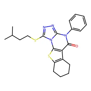 1-(isopentylthio)-4-phenyl-6,7,8,9-tetrahydrobenzo[4,5]thieno[3,2-e][1,2,4]triazolo[4,3-a]pyrimidin-5(4H)-one structure
