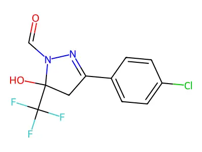 3-(4-chlorophenyl)-5-hydroxy-5-(trifluoromethyl)-4H-pyrazole-1-carbaldehyde structure