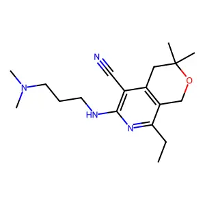 6-[3-(dimethylamino)propylamino]-8-ethyl-3,3-dimethyl-1,4-dihydropyrano[3,4-c]pyridine-5-carbonitrile structure