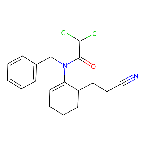 N-benzyl-2,2-dichloro-N-[6-(2-cyanoethyl)cyclohexen-1-yl]acetamide structure