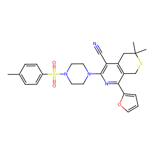 8-(furan-2-yl)-3,3-dimethyl-6-(4-tosylpiperazin-1-yl)-3,4-dihydro-1H-thiopyrano[3,4-c]pyridine-5-carbonitrile structure