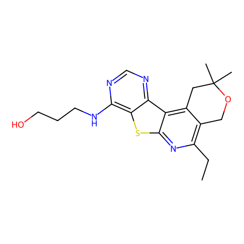 3-((5-ethyl-2,2-dimethyl-2,4-dihydro-1H-pyrano[4'',3'':4',5']pyrido[3',2':4,5]thieno[3,2-d]pyrimidin-8-yl)amino)propan-1-ol structure
