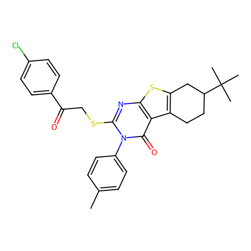 7-(tert-butyl)-2-((2-(4-chlorophenyl)-2-oxoethyl)thio)-3-(p-tolyl)-5,6,7,8-tetrahydrobenzo[4,5]thieno[2,3-d]pyrimidin-4(3H)-one structure
