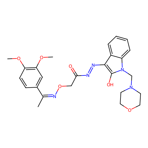 2-(((1-(3,4-dimethoxyphenyl)ethylidene)amino)oxy)-N'-(1-(morpholinomethyl)-2-oxoindolin-3-ylidene)acetohydrazide structure
