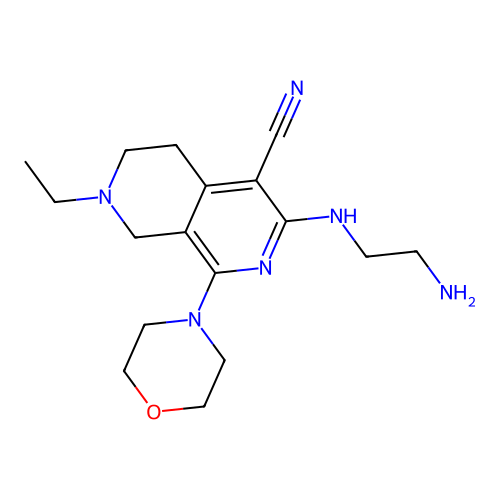 3-(2-aminoethylamino)-7-ethyl-1-morpholin-4-yl-6,8-dihydro-5H-2,7-naphthyridine-4-carbonitrile structure