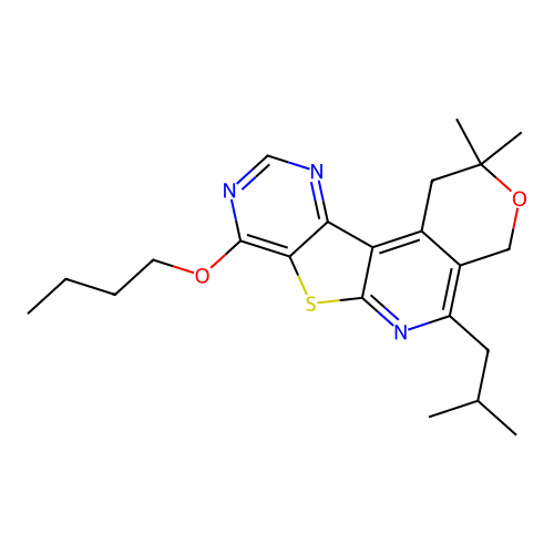 8-butoxy-2,2-dimethyl-5-(2-methylpropyl)-1,4-dihydro-2H-pyrano[4'',3'':4',5']pyrido[3',2':4,5]thieno[3,2-d]pyrimidine structure