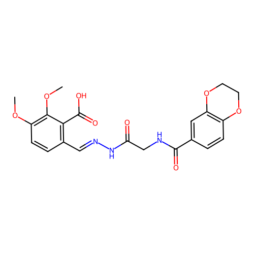 (E)-6-((2-(2-(2,3-dihydrobenzo[b][1,4]dioxine-6-carboxamido)acetyl)hydrazono)methyl)-2,3-dimethoxybenzoic acid structure