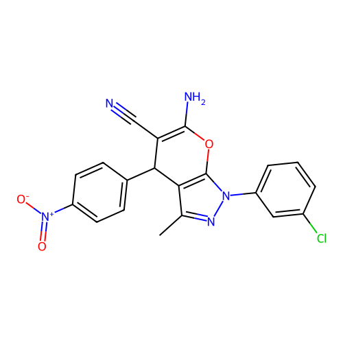 6-amino-1-(3-chlorophenyl)-3-methyl-4-(4-nitrophenyl)-1,4-dihydropyrano[2,3-c]pyrazole-5-carbonitrile structure