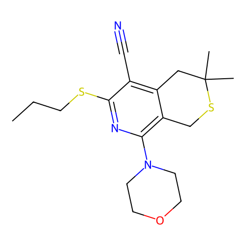 3,3-dimethyl-8-(morpholin-4-yl)-6-(propylsulfanyl)-3,4-dihydro-1H-thiopyrano[3,4-c]pyridine-5-carbonitrile structure