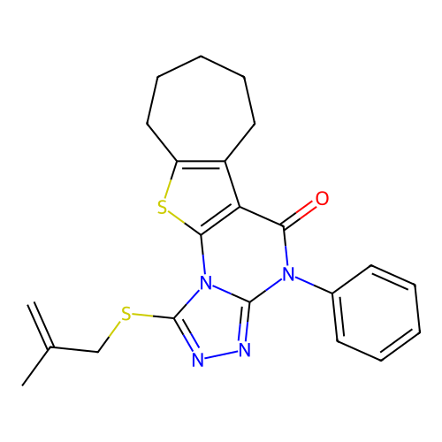 1-((2-methylallyl)thio)-4-phenyl-7,8,9,10-tetrahydro-4H-cyclohepta[4,5]thieno[3,2-e][1,2,4]triazolo[4,3-a]pyrimidin-5(6H)-one structure