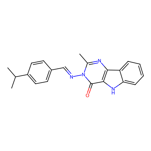(E)-3-((4-isopropylbenzylidene)amino)-2-methyl-3H-pyrimido[5,4-b]indol-4(5H)-one structure