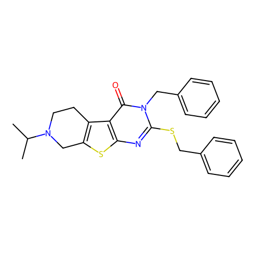 3-benzyl-2-(benzylthio)-7-isopropyl-5,6,7,8-tetrahydropyrido[4',3':4,5]thieno[2,3-d]pyrimidin-4(3H)-one structure