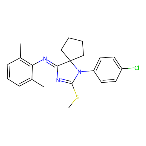 (Z)-N-(1-(4-chlorophenyl)-2-(methylthio)-1,3-diazaspiro[4.4]non-2-en-4-ylidene)-2,6-dimethylaniline structure