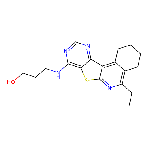 3-((5-ethyl-1,2,3,4-tetrahydropyrimido[4',5':4,5]thieno[2,3-c]isoquinolin-8-yl)amino)propan-1-ol structure