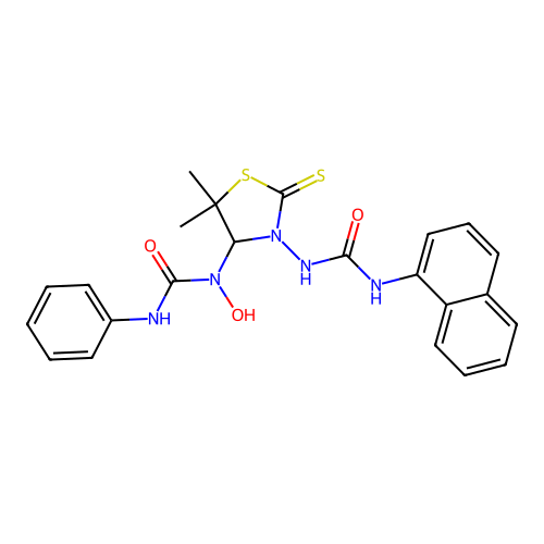 1-(5,5-dimethyl-3-(3-(naphthalen-1-yl)ureido)-2-thioxothiazolidin-4-yl)-1-hydroxy-3-phenylurea structure