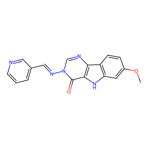 (E)-7-methoxy-3-((pyridin-3-ylmethylene)amino)-3H-pyrimido[5,4-b]indol-4(5H)-one structure