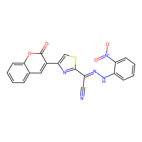(2E)-N-(2-nitroanilino)-4-(2-oxochromen-3-yl)-1,3-thiazole-2-carboximidoyl cyanide structure
