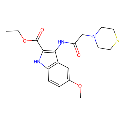 ethyl 5-methoxy-3-[(thiomorpholin-4-ylacetyl)amino]-1H-indole-2-carboxylate structure