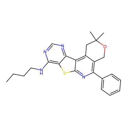 N-butyl-2,2-dimethyl-5-phenyl-1,4-dihydro-2H-pyrano[4'',3'':4',5']pyrido[3',2':4,5]thieno[3,2-d]pyrimidin-8-amine structure