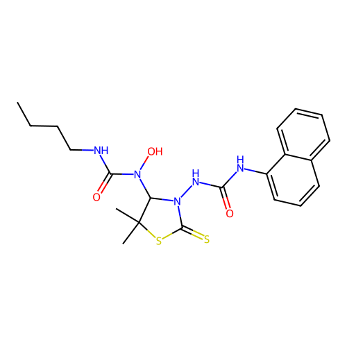 3-butyl-1-(5,5-dimethyl-3-(3-(naphthalen-1-yl)ureido)-2-thioxothiazolidin-4-yl)-1-hydroxyurea structure