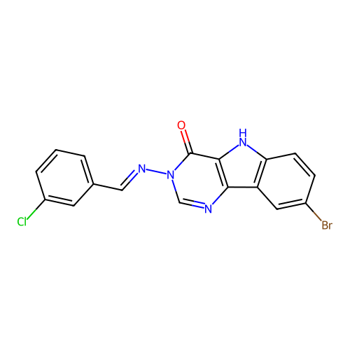 (E)-8-bromo-3-((3-chlorobenzylidene)amino)-3H-pyrimido[5,4-b]indol-4(5H)-one structure