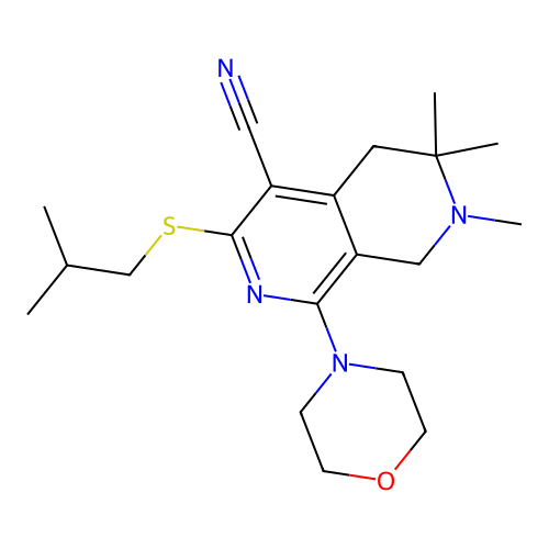 3-(isobutylthio)-6,6,7-trimethyl-1-morpholino-5,6,7,8-tetrahydro-2,7-naphthyridine-4-carbonitrile structure