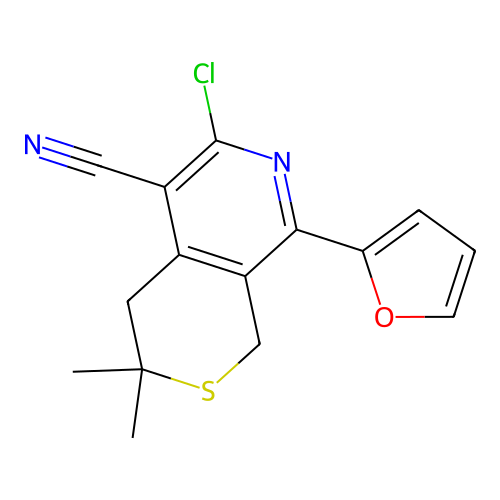 6-chloro-8-(furan-2-yl)-3,3-dimethyl-3,4-dihydro-1H-thiopyrano[3,4-c]pyridine-5-carbonitrile structure