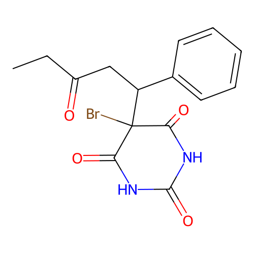 5-bromo-2,6-dihydroxy-5-(3-oxo-1-phenylpentyl)pyrimidin-4(5H)-one structure