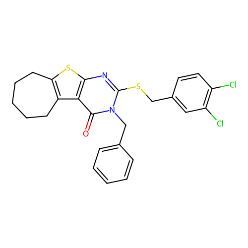 3-benzyl-2-((3,4-dichlorobenzyl)thio)-6,7,8,9-tetrahydro-3H-cyclohepta[4,5]thieno[2,3-d]pyrimidin-4(5H)-one structure