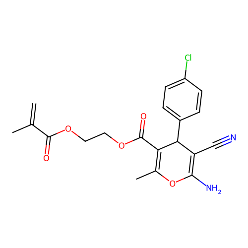 2-[(2-methylacryloyl)oxy]ethyl 6-amino-4-(4-chlorophenyl)-5-cyano-2-methyl-4H-pyran-3-carboxylate structure