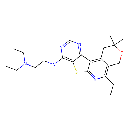 N,N-diethyl-N'-(5-ethyl-2,2-dimethyl-1,4-dihydro-2H-pyrano[4'',3'':4',5']pyrido[3',2':4,5]thieno[3,2-d]pyrimidin-8-yl)ethane-1,2-diamine structure