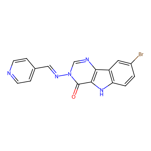 (E)-8-bromo-3-((pyridin-4-ylmethylene)amino)-3H-pyrimido[5,4-b]indol-4(5H)-one structure