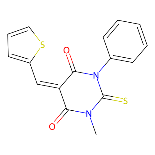 (5Z)-1-methyl-3-phenyl-2-sulfanylidene-5-(thiophen-2-ylmethylidene)-1,3-diazinane-4,6-dione structure