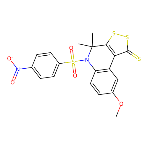 8-methoxy-4,4-dimethyl-5-(4-nitrophenyl)sulfonyldithiolo[3,4-c]quinoline-1-thione structure