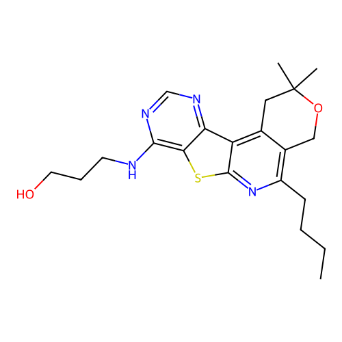 3-((5-butyl-2,2-dimethyl-2,4-dihydro-1H-pyrano[4'',3'':4',5']pyrido[3',2':4,5]thieno[3,2-d]pyrimidin-8-yl)amino)propan-1-ol structure