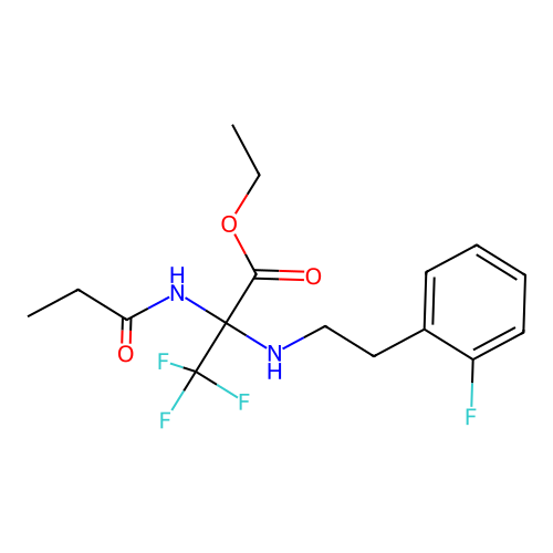 ethyl 3,3,3-trifluoro-2-((2-fluorophenethyl)amino)-2-propionamidopropanoate structure