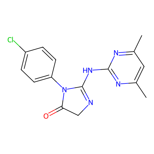 1-(4-chlorophenyl)-2-((4,6-dimethylpyrimidin-2-yl)amino)-1H-imidazol-5(4H)-one structure