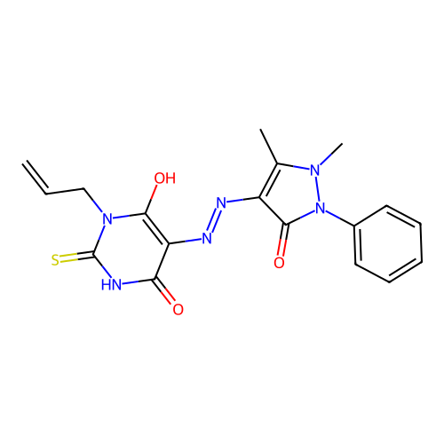 (Z)-1-allyl-5-(2-(1,5-dimethyl-3-oxo-2-phenyl-2,3-dihydro-1H-pyrazol-4-yl)hydrazono)-2-thioxodihydropyrimidine-4,6(1H,5H)-dione structure