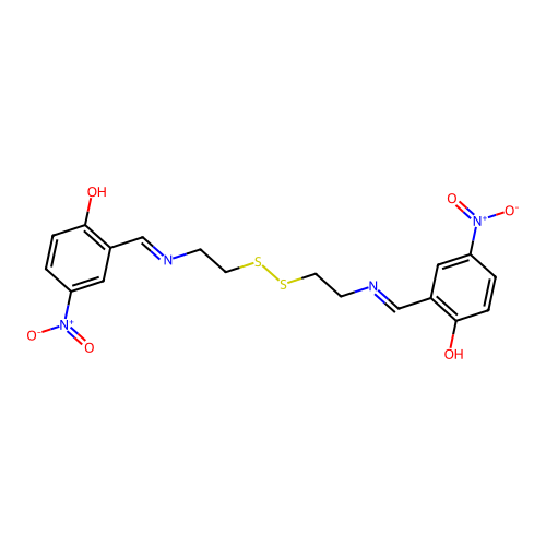 2,2'-{disulfanediylbis[ethane-2,1-diylnitrilo(E)methylylidene]}bis(4-nitrophenol) structure