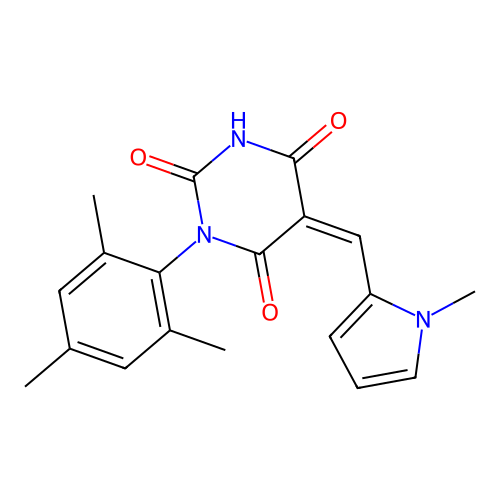 (Z)-1-mesityl-5-((1-methyl-1H-pyrrol-2-yl)methylene)pyrimidine-2,4,6(1H,3H,5H)-trione structure