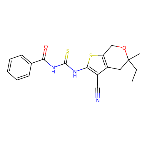 1-Benzoyl-3-(3-cyano-5-ethyl-5-methyl-4,7-dihydro-5H-thieno[2,3-c]pyran-2-yl)-thiourea structure