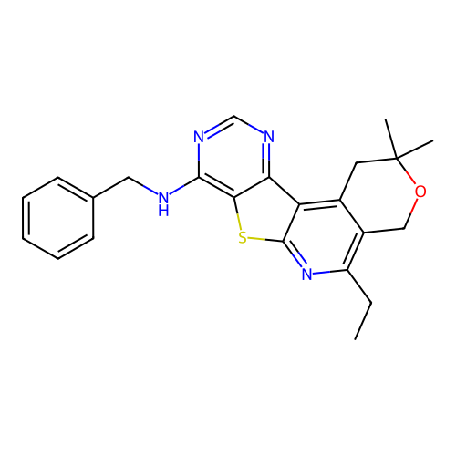 N-benzyl-5-ethyl-2,2-dimethyl-1,4-dihydro-2H-pyrano[4'',3'':4',5']pyrido[3',2':4,5]thieno[3,2-d]pyrimidin-8-amine structure
