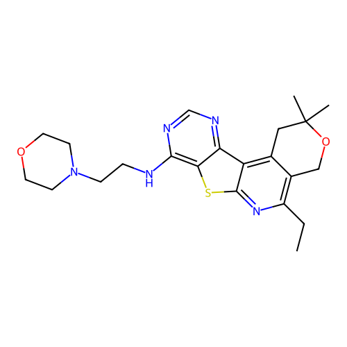 5-ethyl-2,2-dimethyl-N-(2-morpholinoethyl)-2,4-dihydro-1H-pyrano[4'',3'':4',5']pyrido[3',2':4,5]thieno[3,2-d]pyrimidin-8-amine structure