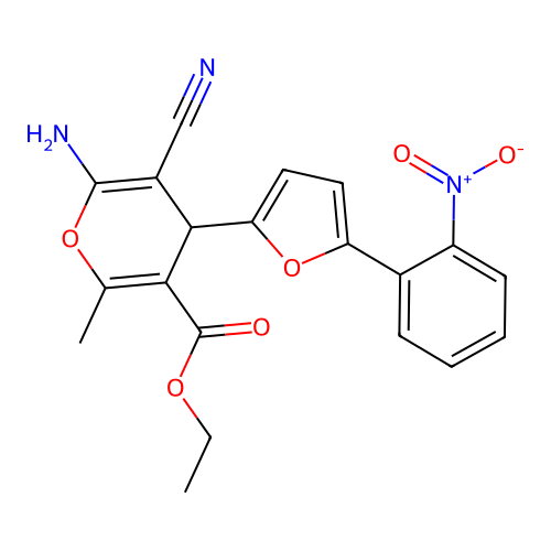 ethyl 6-amino-5-cyano-2-methyl-4-(5-(2-nitrophenyl)furan-2-yl)-4H-pyran-3-carboxylate structure