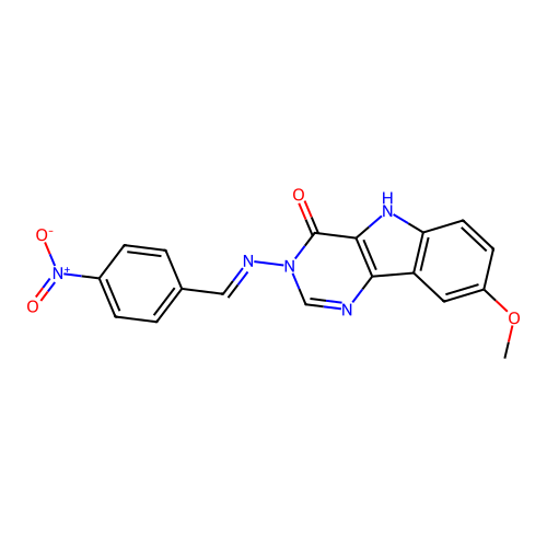 (E)-8-methoxy-3-((4-nitrobenzylidene)amino)-3H-pyrimido[5,4-b]indol-4(5H)-one structure