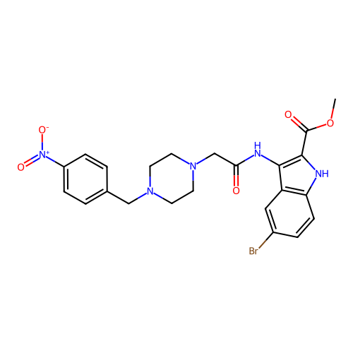 methyl 5-bromo-3-({[4-(4-nitrobenzyl)piperazin-1-yl]acetyl}amino)-1H-indole-2-carboxylate structure